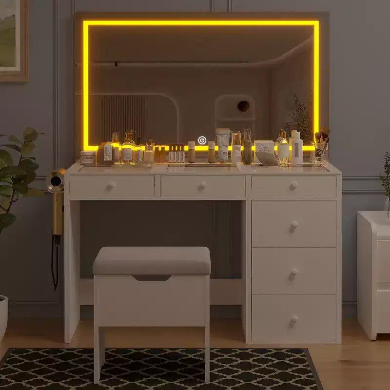 Coiffeuse avec miroir lumineux LED et prise de courant, table de maquillage