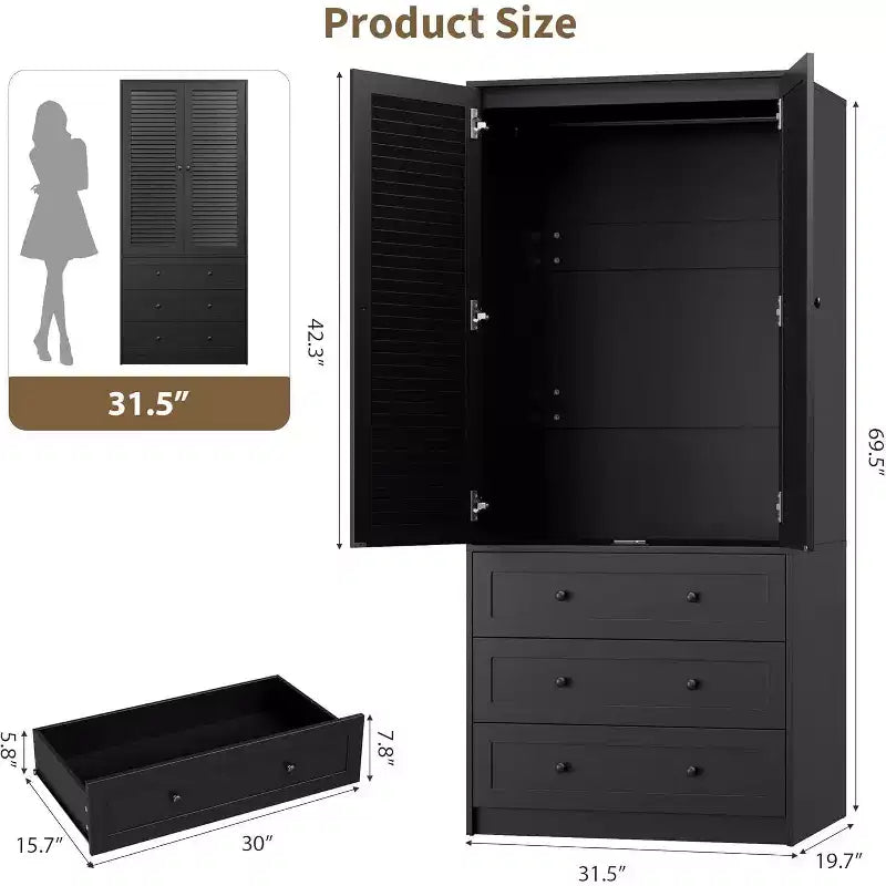 Armoire Penderie Placard Armoire en Bois avec 3 Tiroirs