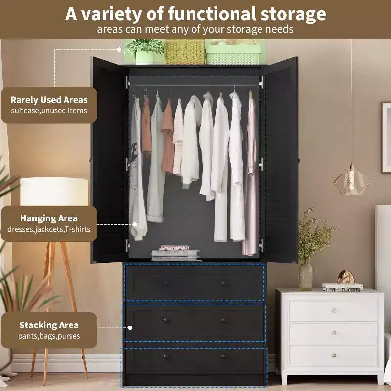 Armoire Penderie Placard Armoire en Bois avec 3 Tiroirs