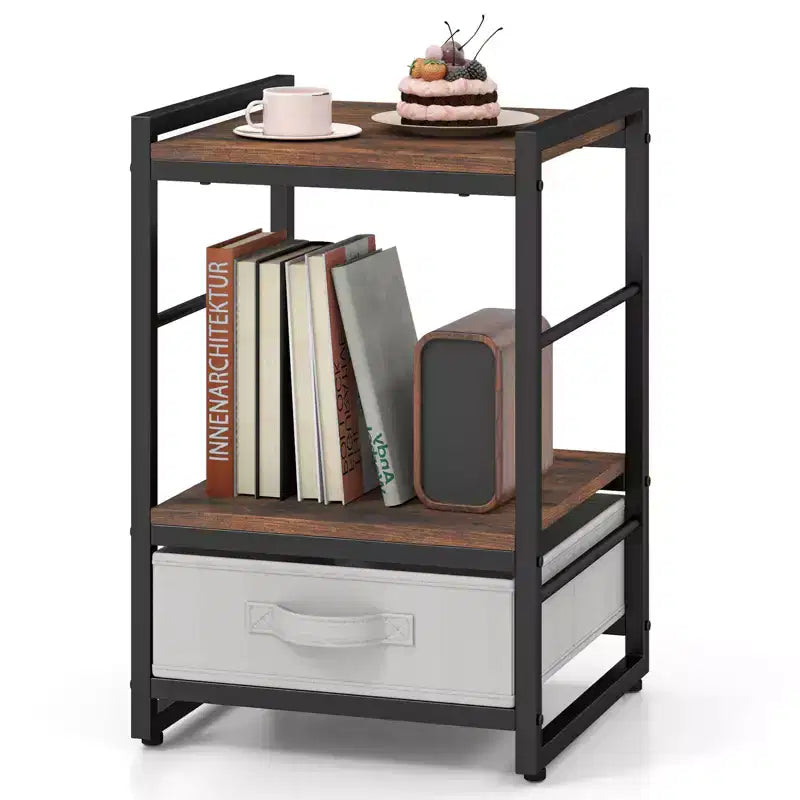 Costway Nightstand Industrial Bedside Table with Open Storage Shelf &amp; Fabric Drawer for Living Room Rustic Brown