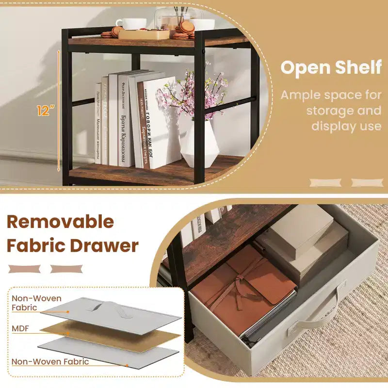 Table de chevet industrielle avec étagère de rangement ouverte Marron rustique
