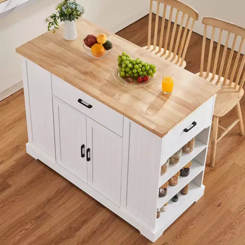 Desserte îlot de cuisine, bar à déjeuner de 46 po avec plateau en bois et armoire de rangement