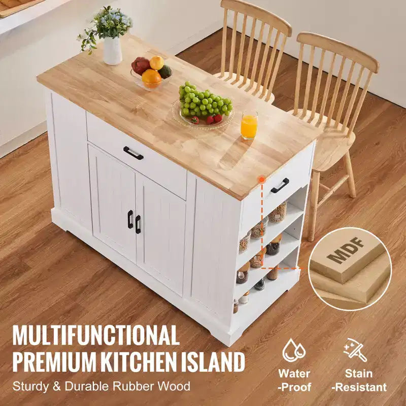 Desserte îlot de cuisine, bar à déjeuner de 46 po avec plateau en bois et armoire de rangement