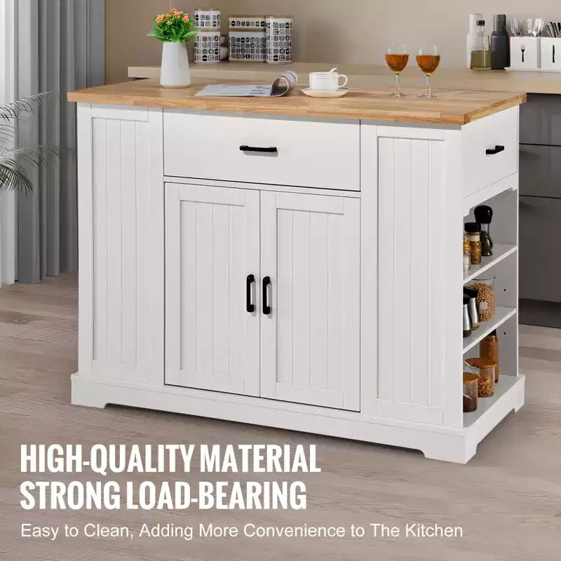 Desserte îlot de cuisine, bar à déjeuner de 46 po avec plateau en bois et armoire de rangement