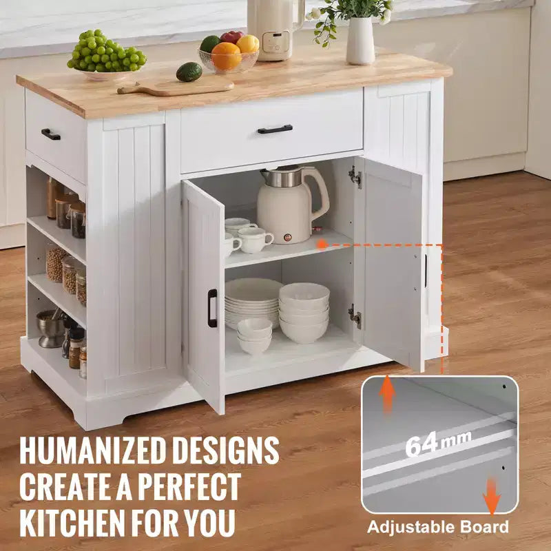 Desserte îlot de cuisine, bar à déjeuner de 46 po avec plateau en bois et armoire de rangement
