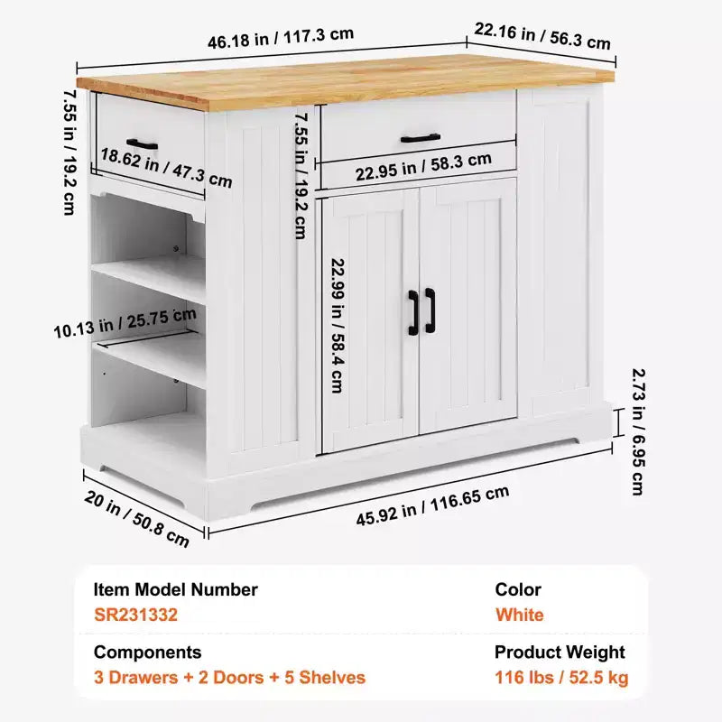 Desserte îlot de cuisine, bar à déjeuner de 46 po avec plateau en bois et armoire de rangement