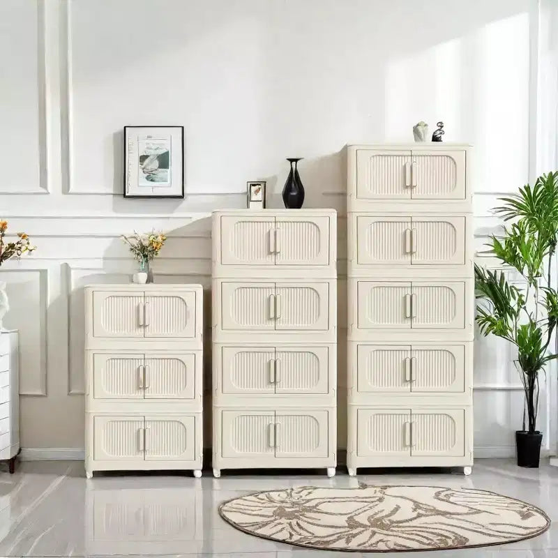 Armoire de rangement pliante en plastique à 5 niveaux avec porte magnétique, roulettes, blanc crème