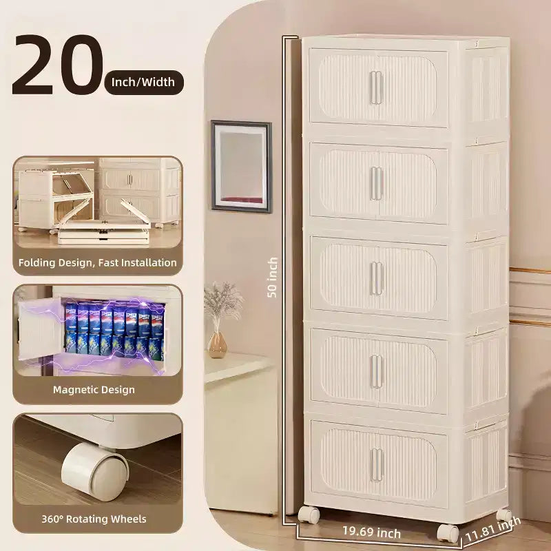 Armoire de rangement pliante en plastique à 5 niveaux avec porte magnétique, roulettes, blanc crème