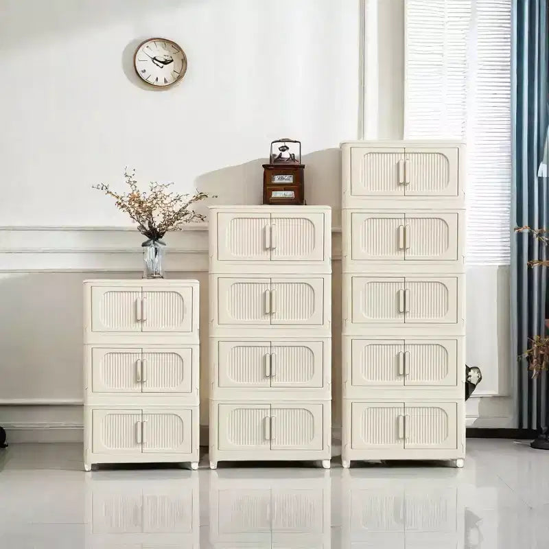 Armoire de rangement pliante en plastique à 5 niveaux avec porte magnétique, roulettes, blanc crème