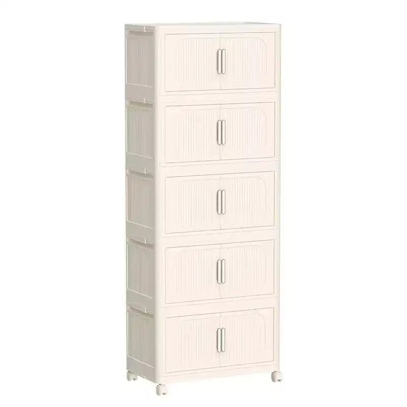 Armoire de rangement pliante en plastique à 5 niveaux avec porte magnétique, roulettes, blanc crème