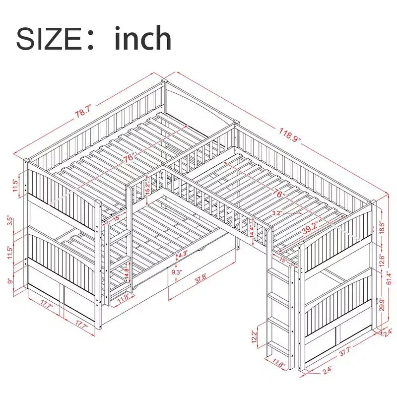 Lits superposés jumeaux avec lit mezzanine attaché, lits superposés en bois massif avec deux tiroirs