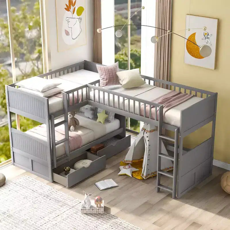 Lits superposés jumeaux avec lit mezzanine attaché, lits superposés en bois massif avec deux tiroirs