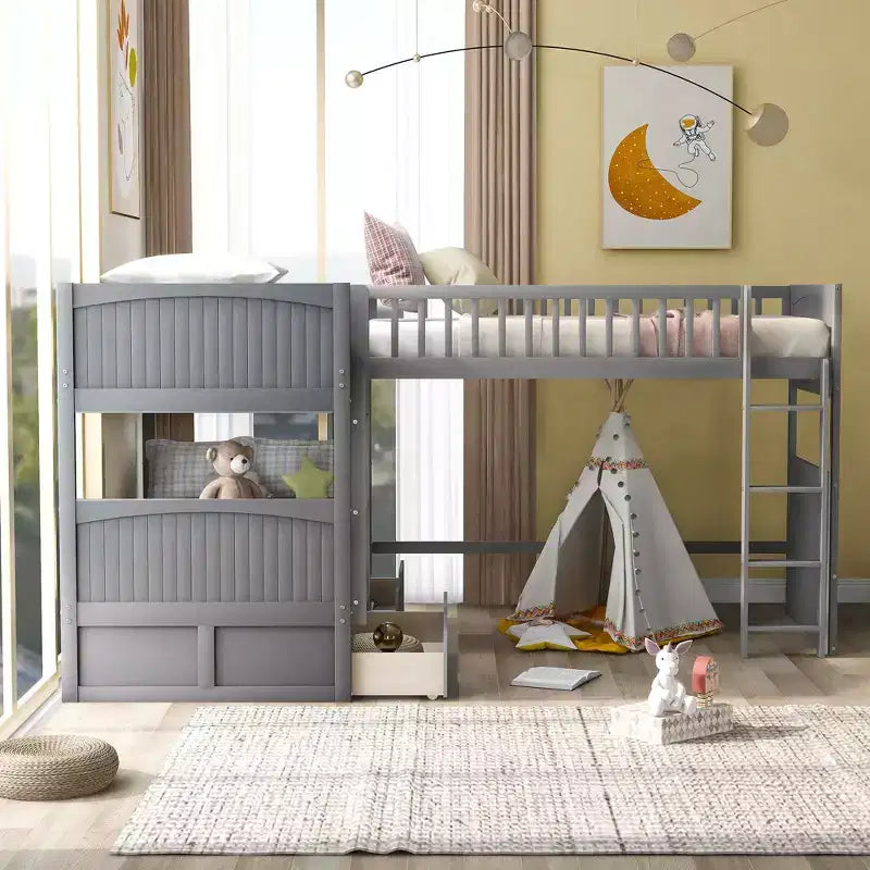 Lits superposés jumeaux avec lit mezzanine attaché, lits superposés en bois massif avec deux tiroirs