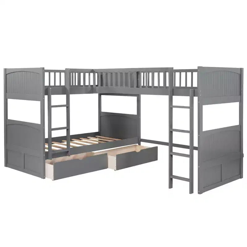Lits superposés jumeaux avec lit mezzanine attaché, lits superposés en bois massif avec deux tiroirs