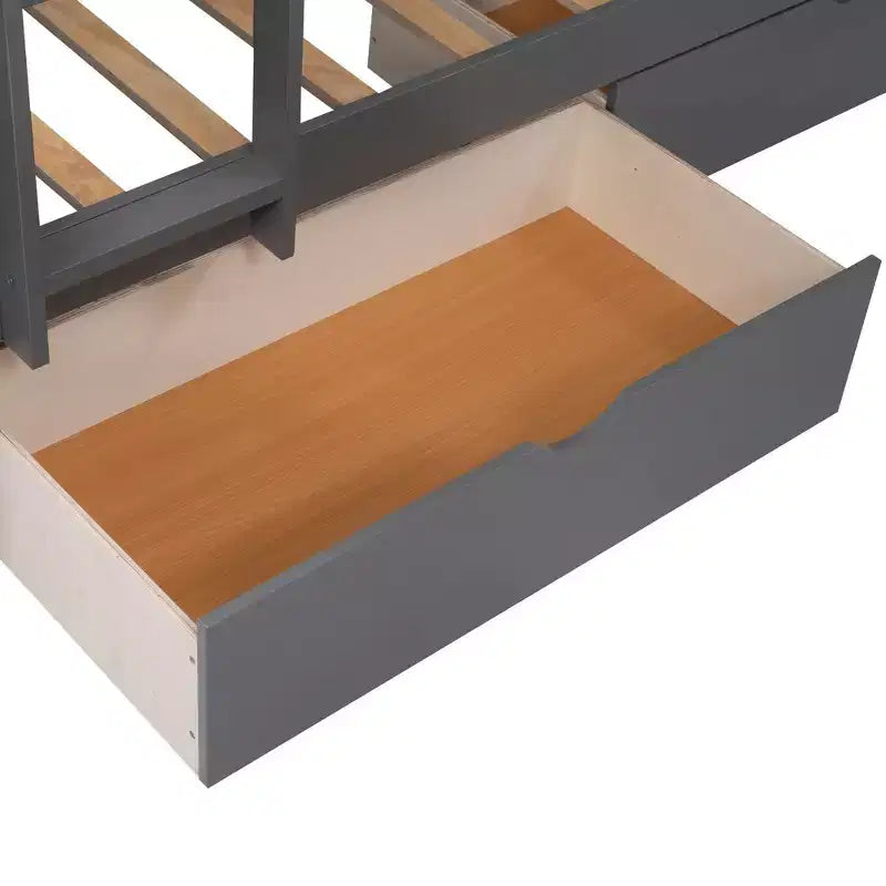 Lits superposés jumeaux avec lit mezzanine attaché, lits superposés en bois massif avec deux tiroirs