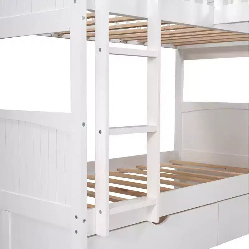 Lits superposés jumeaux avec lit mezzanine attaché, lits superposés en bois massif avec deux tiroirs