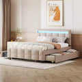 Okak Queen Elegant Platform Bed Frame with Upholstered and LED Frame No Box Spring Needed Linen Fabric Bed with Twin XL Trundle &amp; 2 Drawers
