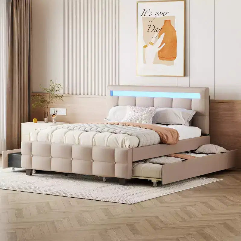 Okak Queen Elegant Platform Bed Frame with Upholstered and LED Frame No Box Spring Needed Linen Fabric Bed with Twin XL Trundle &amp; 2 Drawers