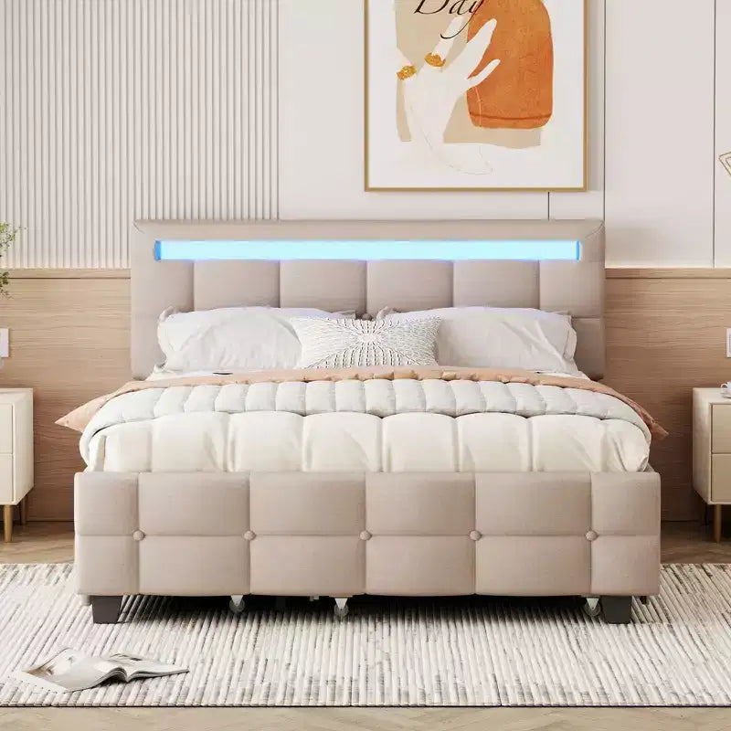 Cadre de lit plateforme Queen avec capitonnage et lumières DEL