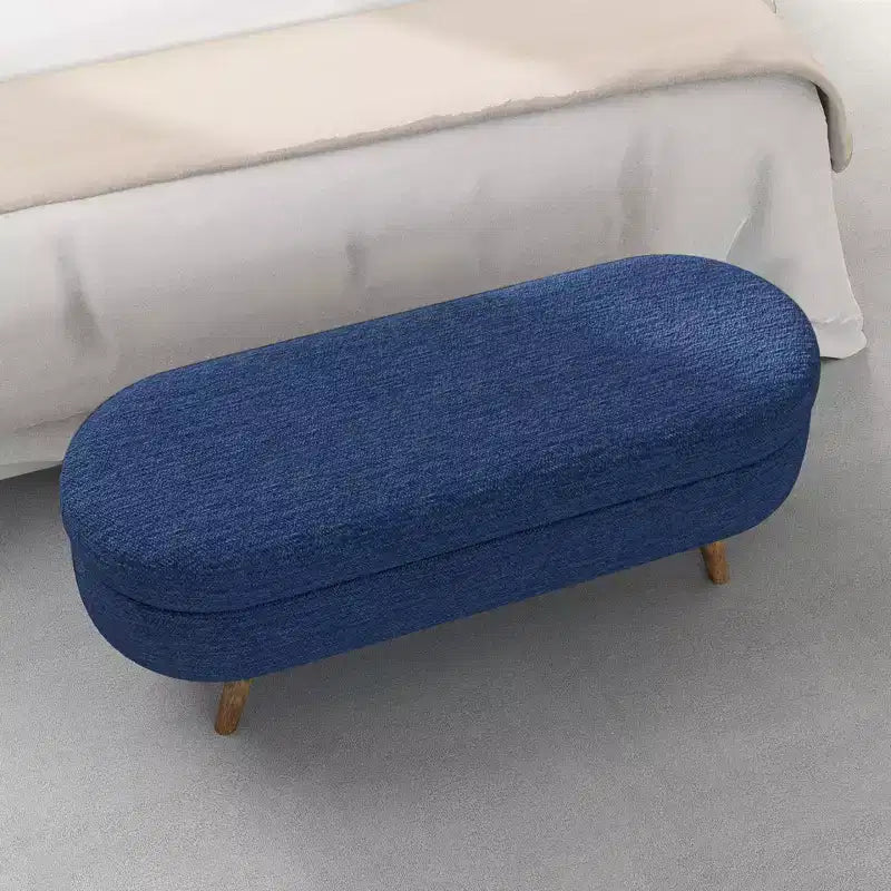 Banc de rangement ovale moderne en lin avec pieds en bois d'hévéa