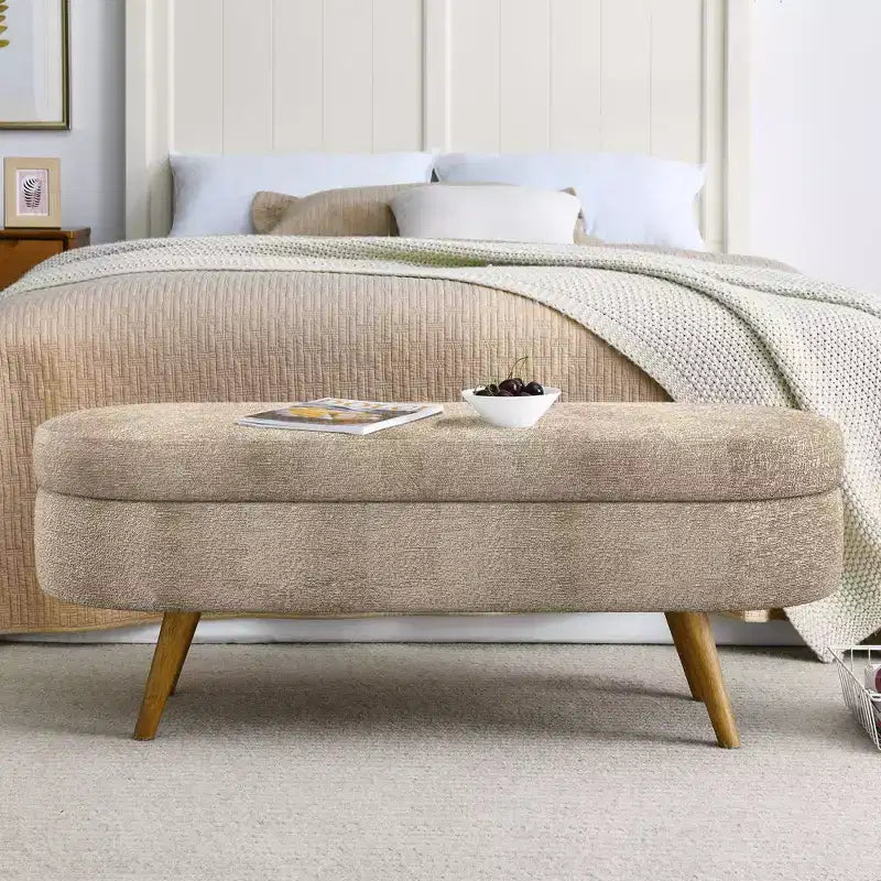 Banc de rangement ovale moderne en lin avec pieds en bois d'hévéa