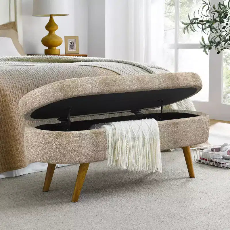 Banc de rangement ovale moderne en lin avec pieds en bois d'hévéa