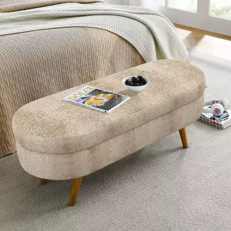 Banc de rangement ovale moderne en lin avec pieds en bois d'hévéa