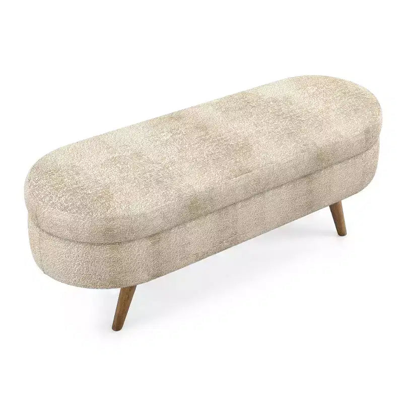 Banc de rangement ovale moderne en lin avec pieds en bois d'hévéa