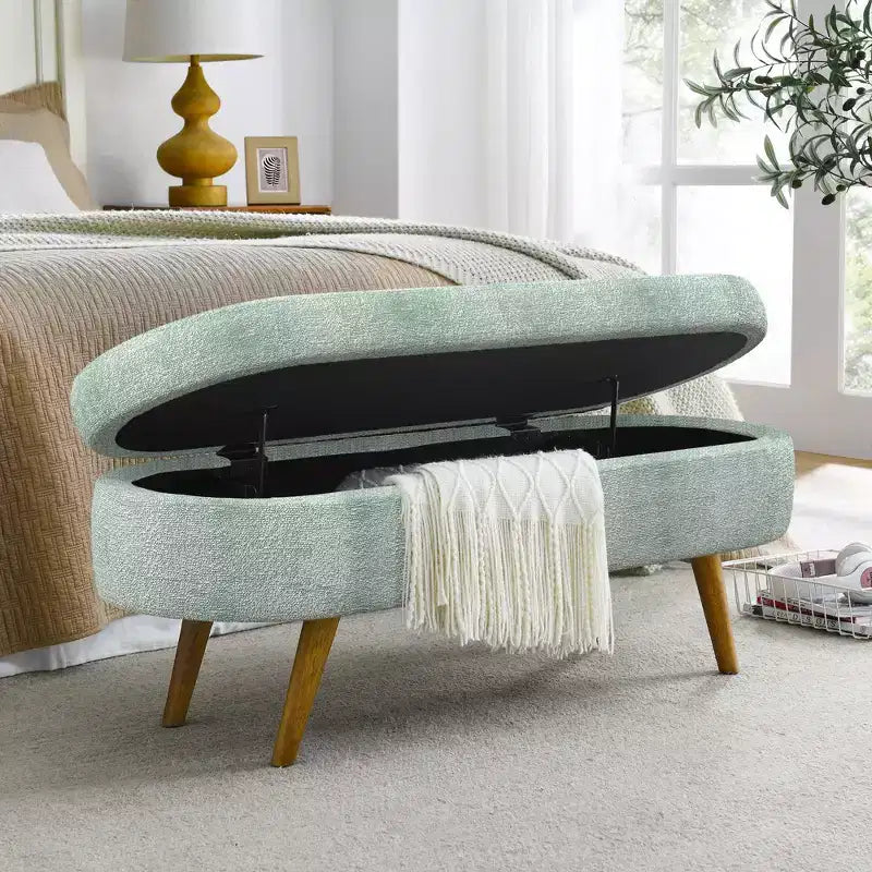 Banc de rangement ovale moderne en lin avec pieds en bois d'hévéa