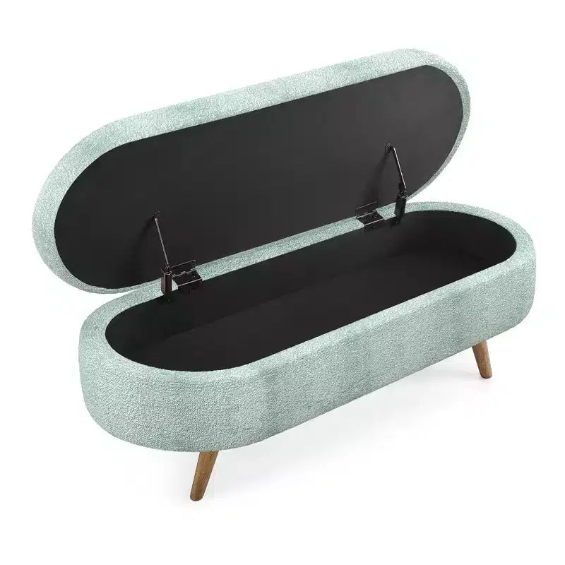 Banc de rangement ovale moderne en lin avec pieds en bois d'hévéa