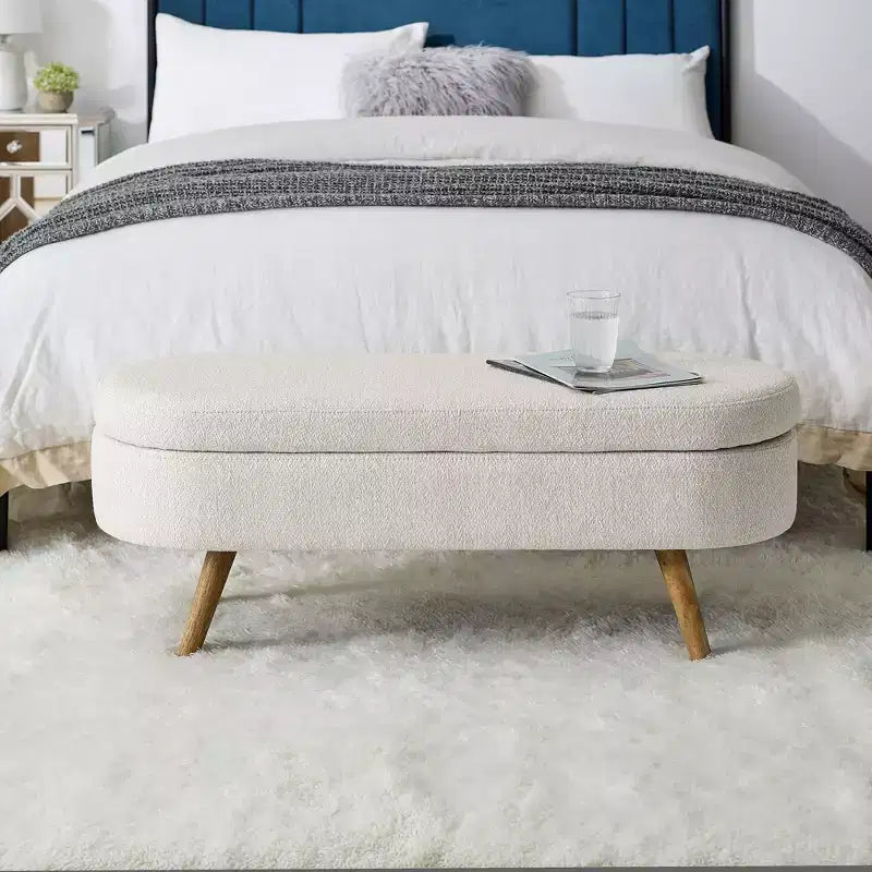 Banc de rangement ovale moderne en lin avec pieds en bois d'hévéa
