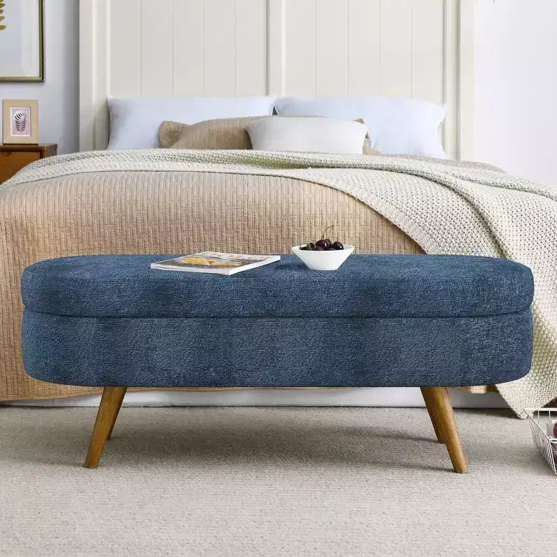 Banc de rangement ovale moderne en lin avec pieds en bois d'hévéa