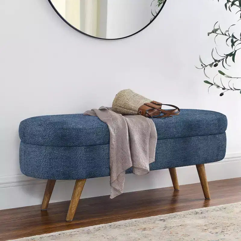 Banc de rangement ovale moderne en lin avec pieds en bois d'hévéa