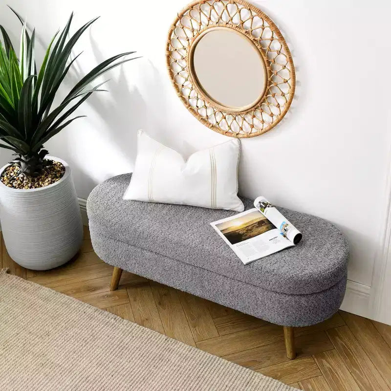 Banc de rangement ovale moderne en lin avec pieds en bois d'hévéa
