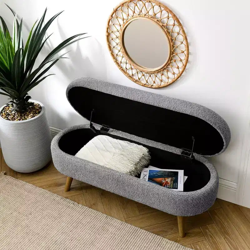 Banc de rangement ovale moderne en lin avec pieds en bois d'hévéa