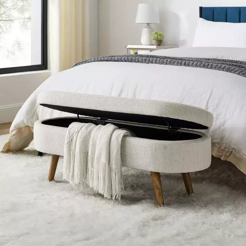 Banc de rangement ovale moderne en lin avec pieds en bois d'hévéa