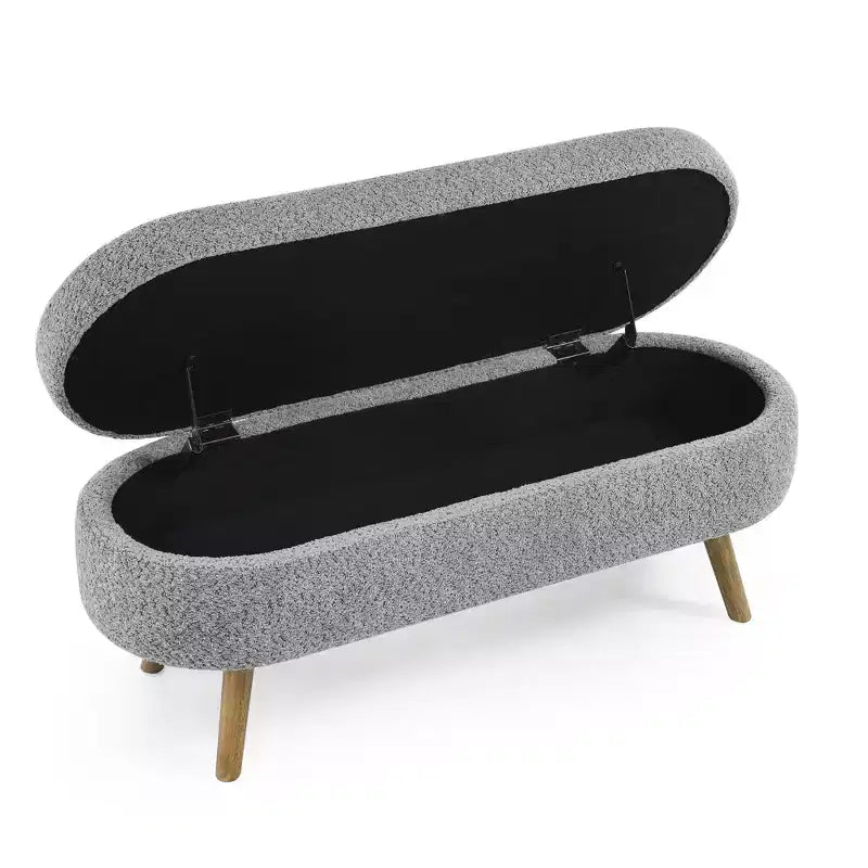 Banc de rangement ovale moderne en lin avec pieds en bois d'hévéa