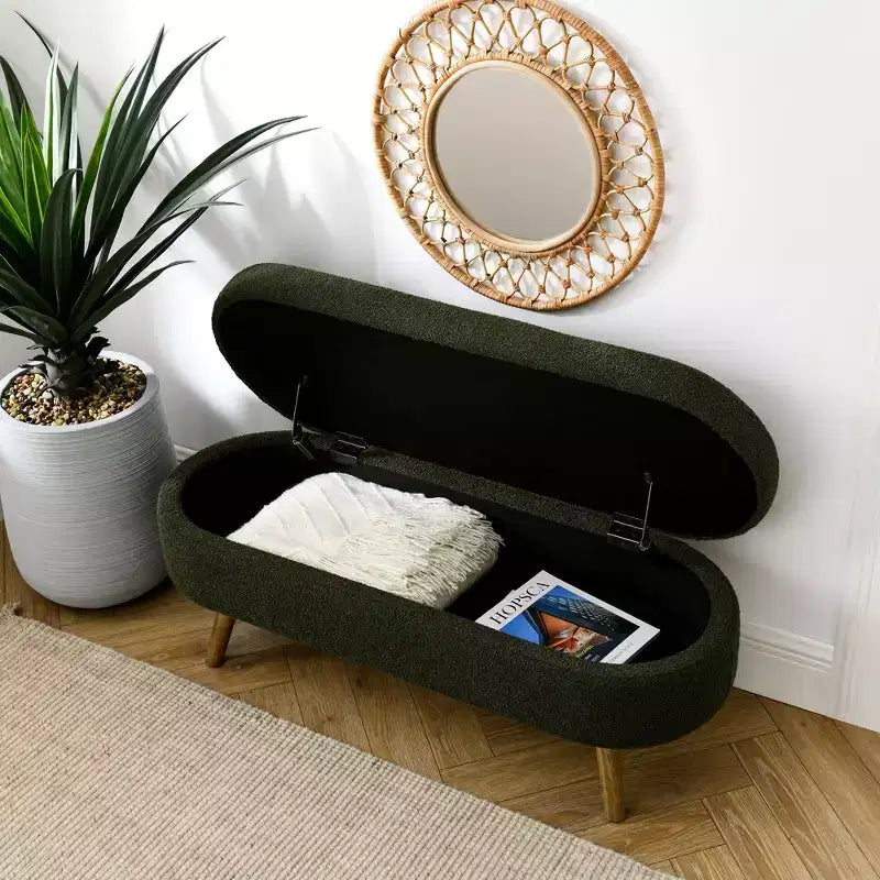 Banc de rangement ovale moderne en lin avec pieds en bois d'hévéa