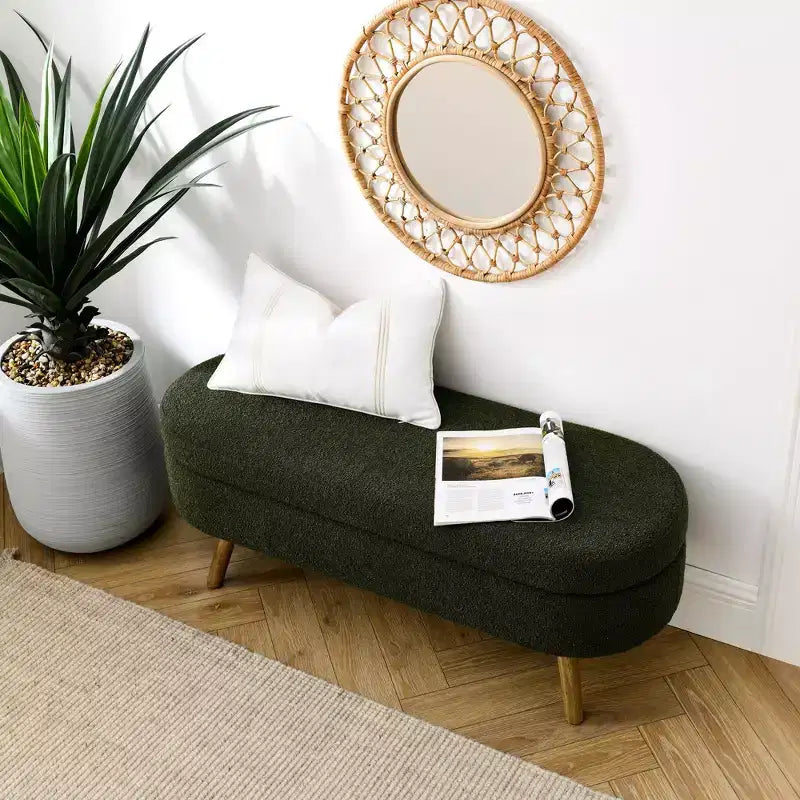 Banc de rangement ovale moderne en lin avec pieds en bois d'hévéa