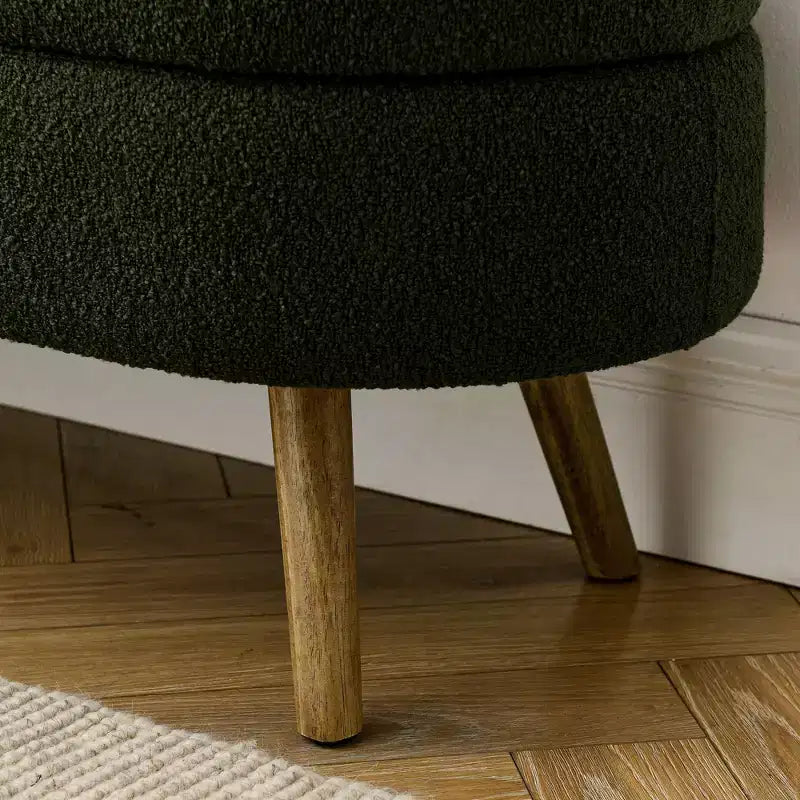 Banc de rangement ovale moderne en lin avec pieds en bois d'hévéa