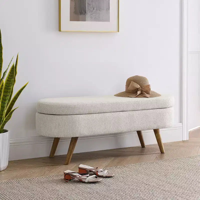 Banc de rangement ovale moderne en lin avec pieds en bois d'hévéa