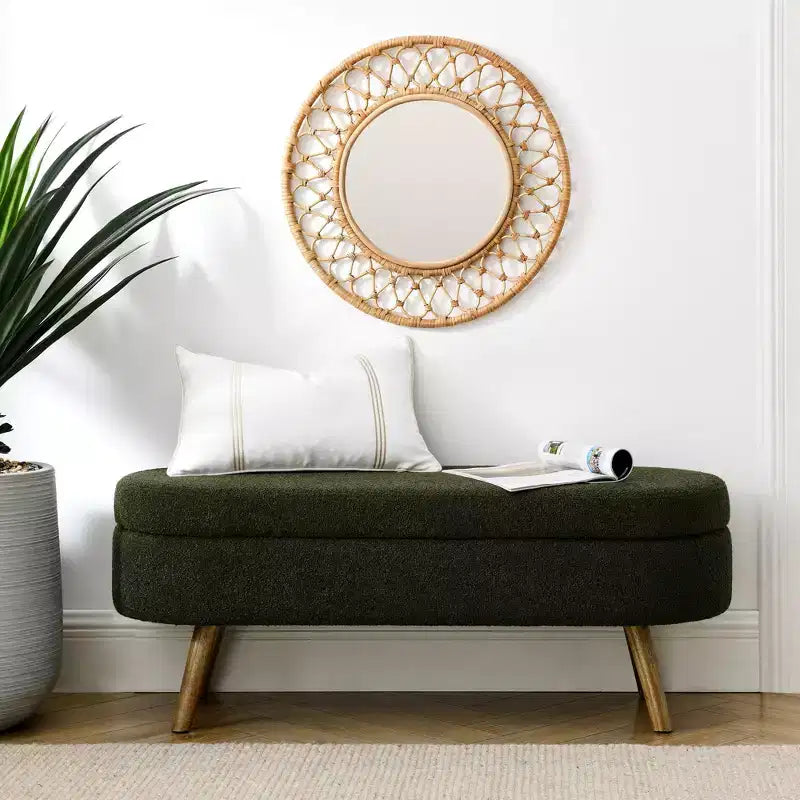 Banc de rangement ovale moderne en lin avec pieds en bois d'hévéa
