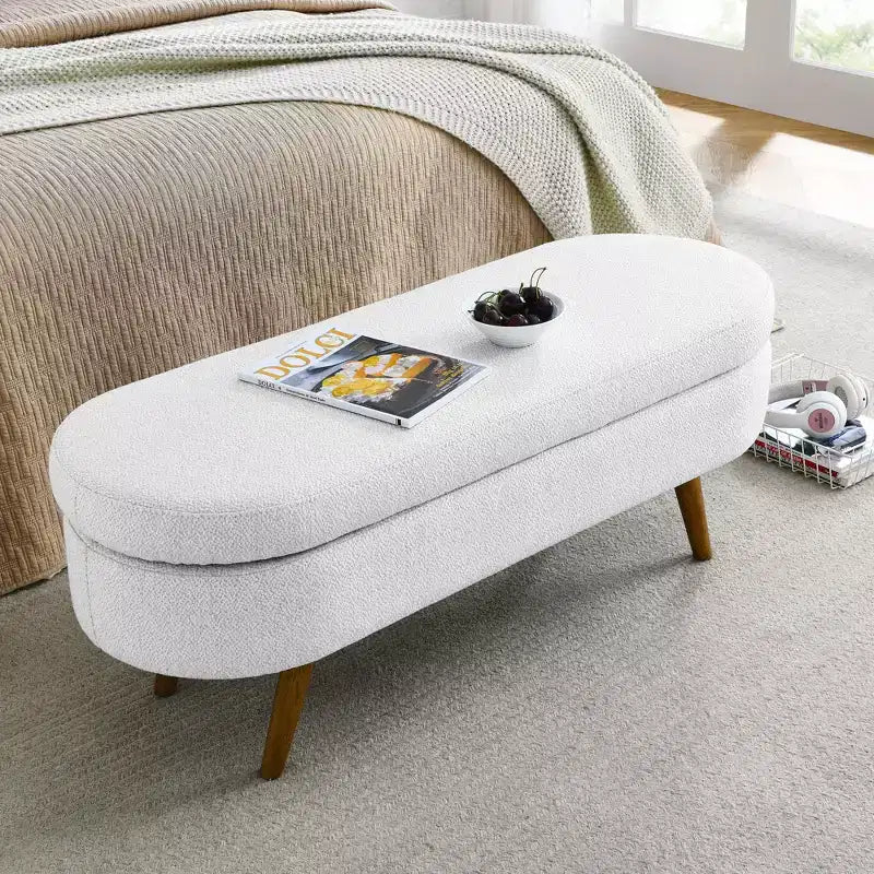 Banc de rangement ovale moderne en lin avec pieds en bois d'hévéa