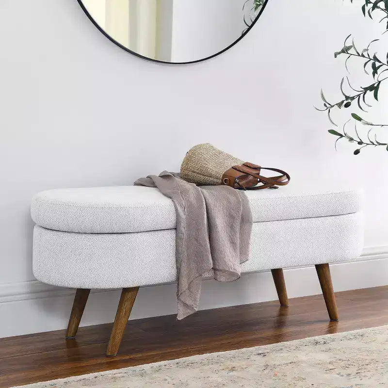 Banc de rangement ovale moderne en lin avec pieds en bois d'hévéa