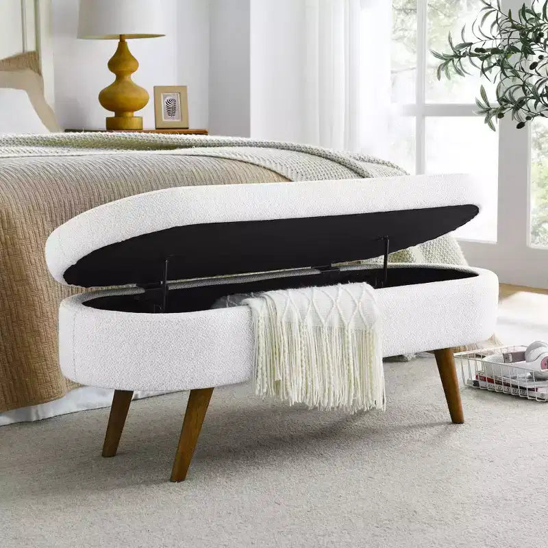 Banc de rangement ovale moderne en lin avec pieds en bois d'hévéa
