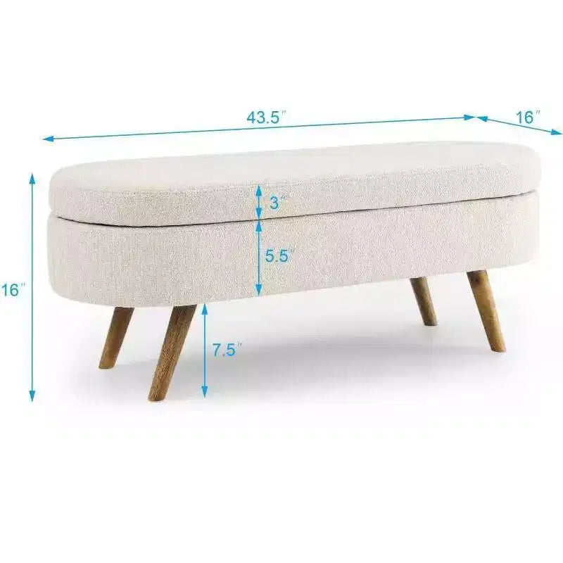 Banc de rangement ovale moderne en lin avec pieds en bois d'hévéa