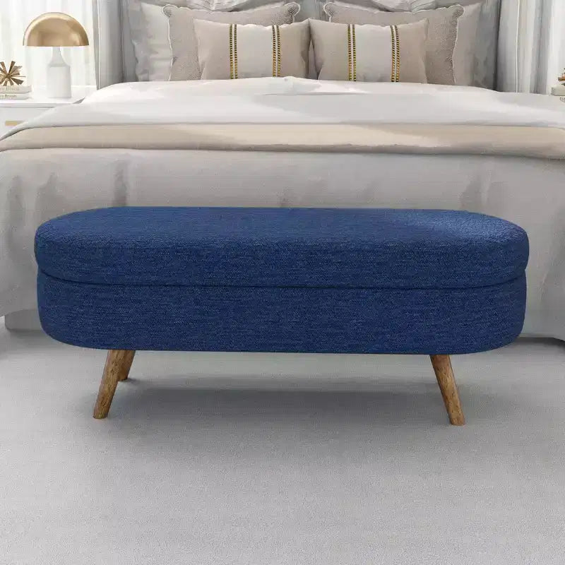 Banc de rangement ovale moderne en lin avec pieds en bois d'hévéa