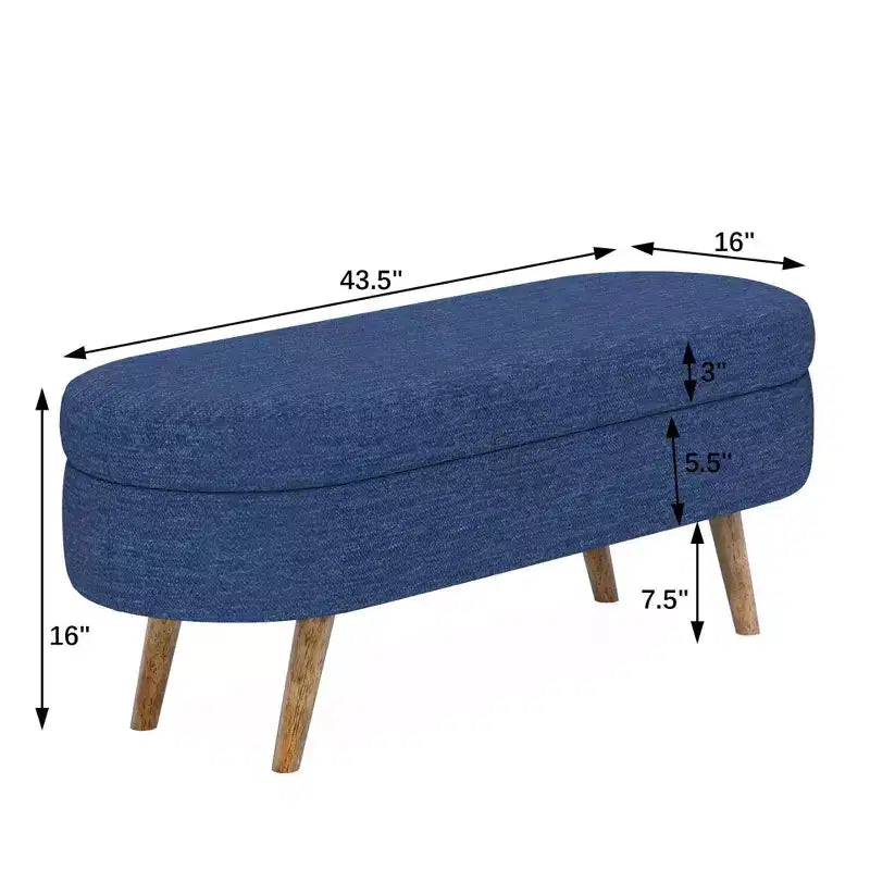 Banc de rangement ovale moderne en lin avec pieds en bois d'hévéa