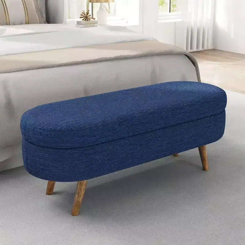 Banc de rangement ovale moderne en lin avec pieds en bois d'hévéa