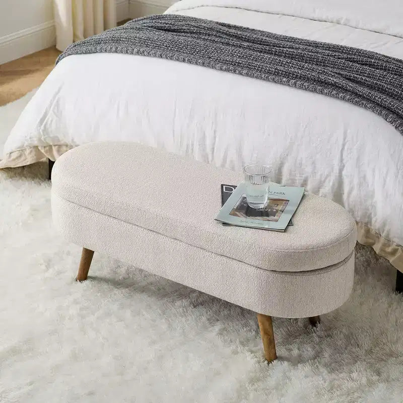 Modern Linen Oval Storage Ottoman Bench with Rubber Wood Legs